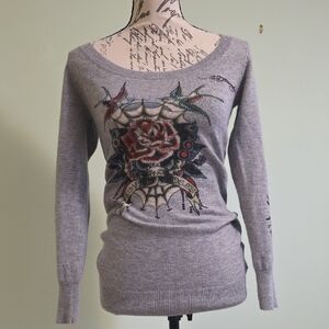 Ed Hardy Gray Sweater with Rose and Web Motif